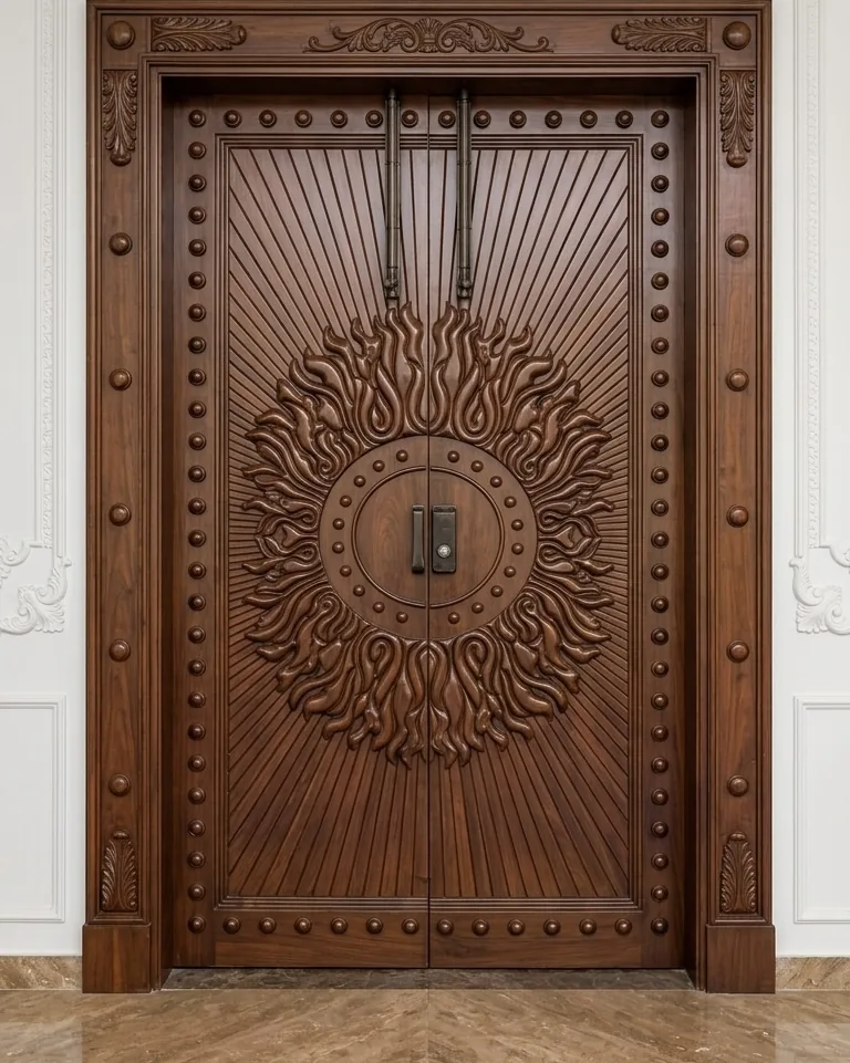Ornate custom wooden entrance door by Arya Timber